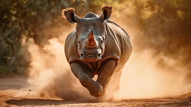 Rinoceronte africano carga con su cuerno en sabana africana IA generativa