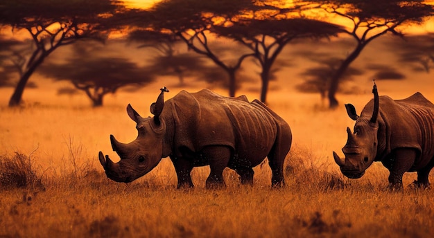 Rinoceronte africano na savana ao pôr do sol