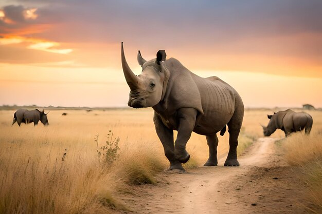 Rinoceronte en un camino de tierra en África