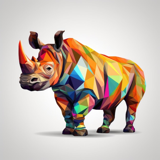 El rinoceronte colorido está representado en un fondo gris de estilo poli bajo Generativo Ai