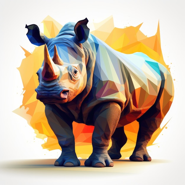 El rinoceronte colorido está representado en un fondo gris de estilo poli bajo Generativo Ai