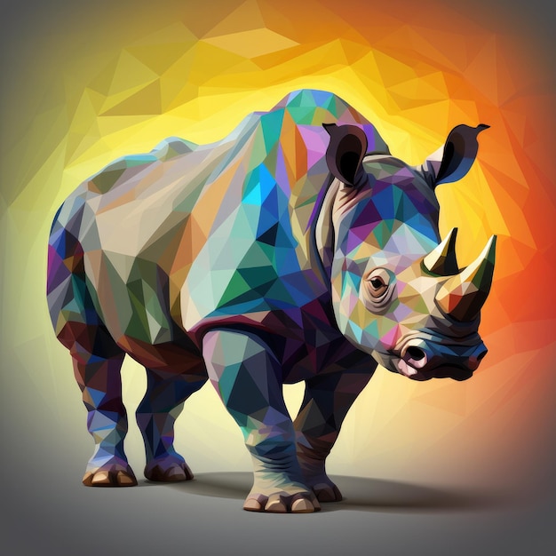 El rinoceronte colorido está representado en un fondo gris de estilo poli bajo.