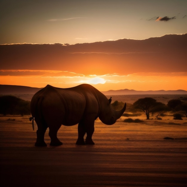Un rinoceronte se para en el desierto al atardecer con la puesta de sol detrás de él.