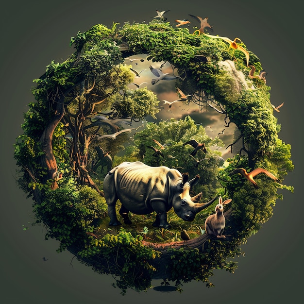 Rinoceronte do Dia Mundial da Vida Selvagem em cima de um fundo de floresta de campo verde
