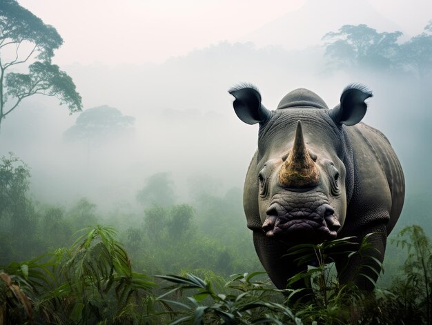 Un rinoceronte emergiendo de la niebla contra el telón de fondo de la selva tropical