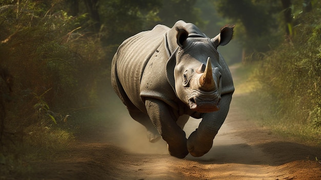 Un rinoceronte indio adulto cruzando un sendero de safari