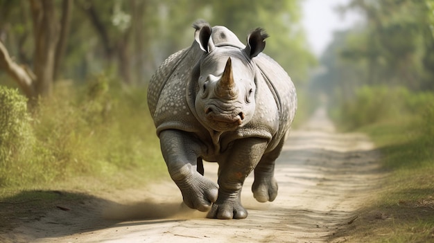 Un rinoceronte indio adulto cruzando un sendero de safari