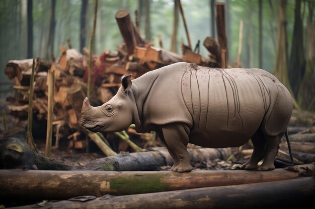 Foto el rinoceronte de java de pie cerca del tronco caído