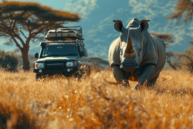 Foto rinoceronte y jeep en el campo ia generativa