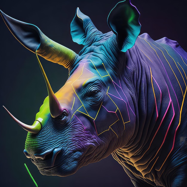 El rinoceronte de neón surrealista una obra maestra hipnotizante para la editorial comercial y la publicidad Delig