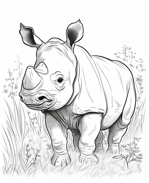 Un rinoceronte parado en la hierba con la cabeza girada para parecer que está mirando algo generativo ai