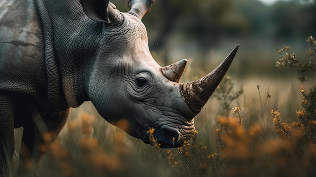 un rinoceronte pastando en la hierba en el bosque