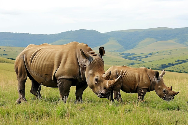 un rinoceronte y su cría pastando en una vasta pradera con colinas onduladas en el fondo