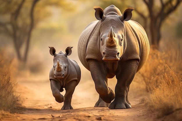 un rinoceronte con sus patas delanteras corriendo en el bosque.