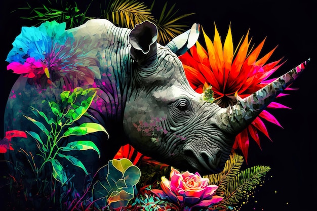 Rinocerontes flora abstrata animais selvagens africanos arte digital gerada por IA