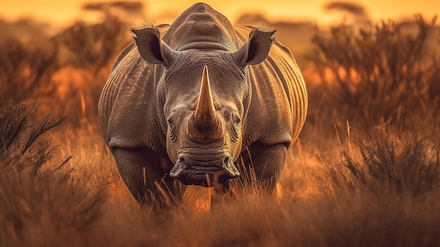 Rinocerontes en la sabana africana especies animales en peligro de extinción pancarta hecha con IA generativa
