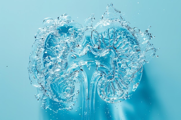 Un riñón humano artificial formado de agua sobre un telón de fondo azul pálido problemas de salud riñón saludable y espacio IA generativa