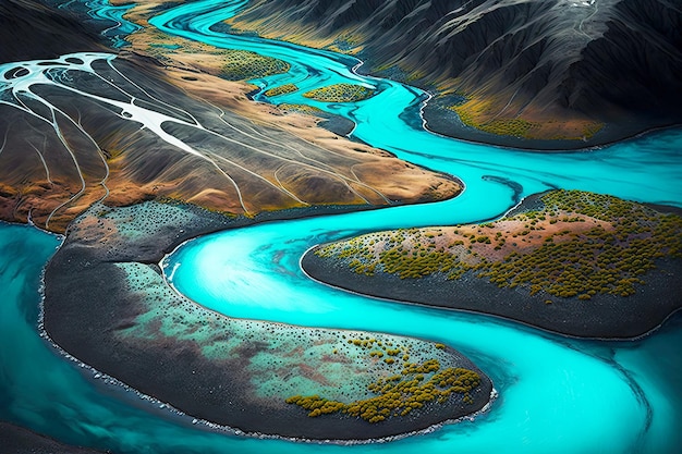 Río aéreo de Islandia con bancos sinuosos y agua turquesa brillante