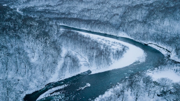 Rio aéreo na floresta de inverno no crepúsculo