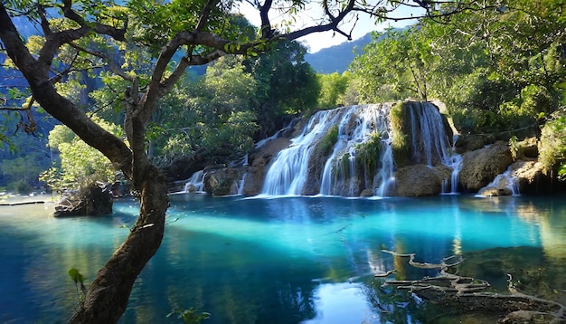 Río de agua azul con árbol verde