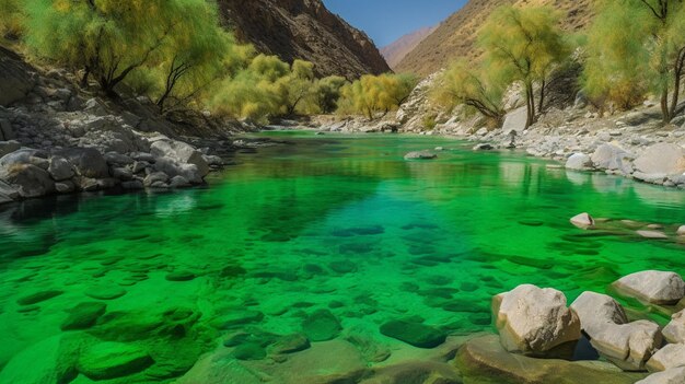 Un río con agua verde en las montañas.