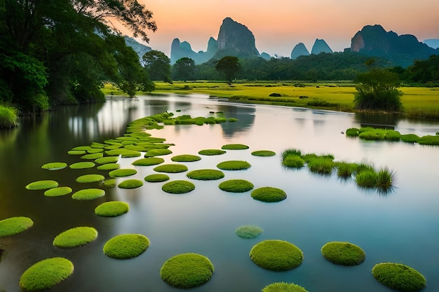 Un río con algas verdes en el agua y montañas en el fondo.