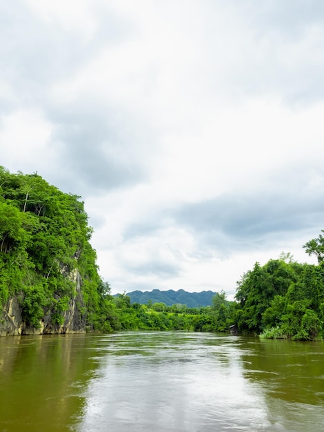 Rio amarelo selvagem com floresta verde e vista para a montanha e floresta tropical com nuvens depois de chover de manhã Verde natureza terra e ecologia estilo vertical