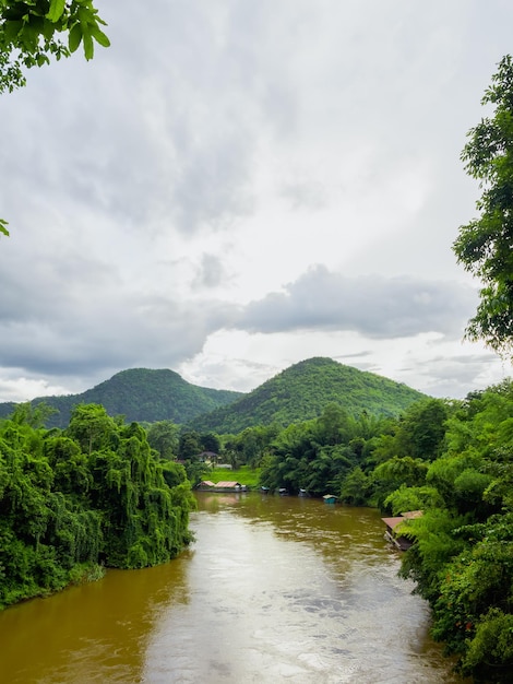 Río amarillo salvaje con bosque verde y vista a la montaña y selva tropical con nubes después de llover en la mañana Naturaleza verde tierra y ecología estilo vertical