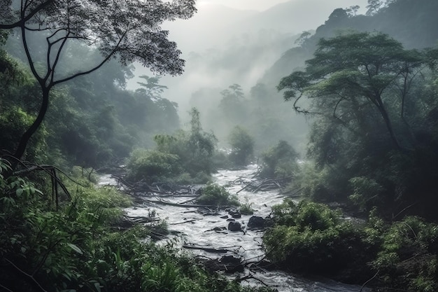 Foto el río amazonas brumoso en un paisaje místico de la selva