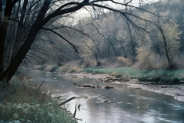 Un río con árboles y un arroyo al fondo.