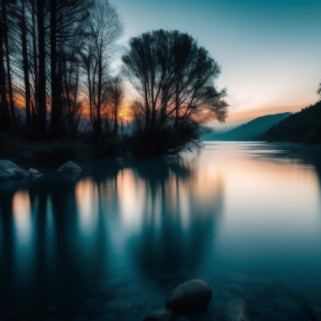 Un río con árboles y un atardecer de fondo.