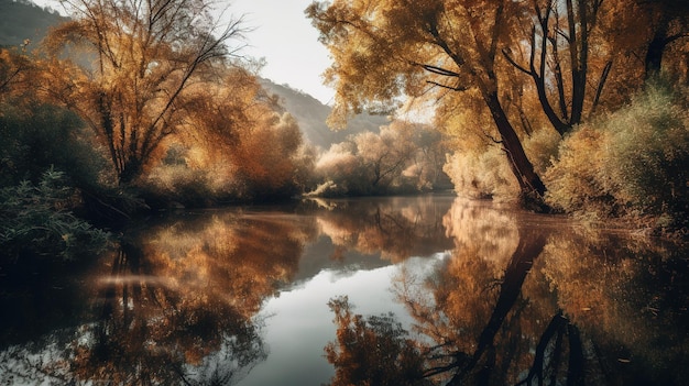 Un río con árboles y un reflejo del sol.