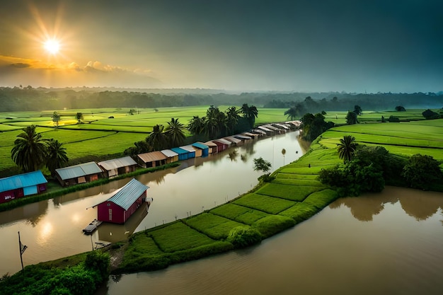 Un río con un arrozal verde y una casa roja en el lado izquierdo.