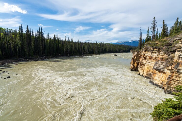 El río Athabasca cerca de las cataratas Athabasca Parque Nacional Jasper Alberta Canadá