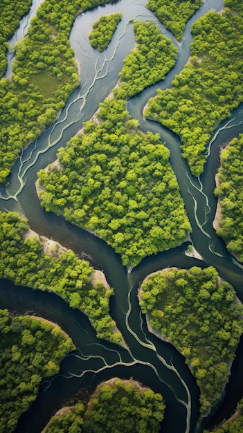 un río atraviesa un bosque con árboles en el medio.