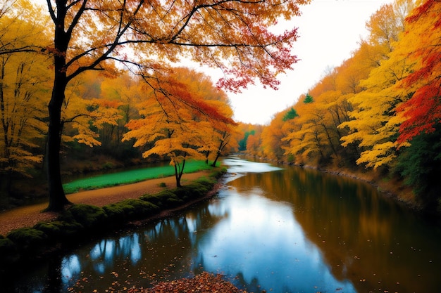 Un río atraviesa el bosque con un bosque al fondo.