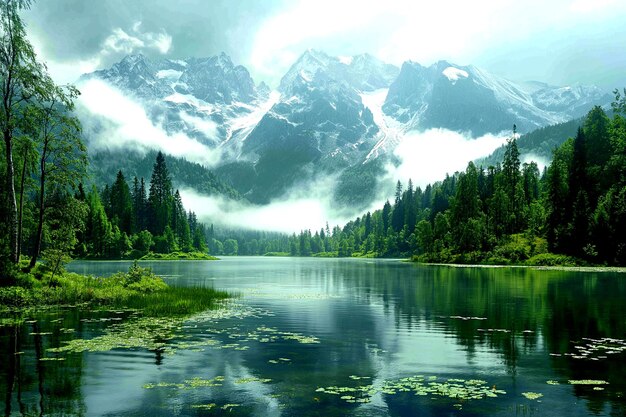 Un río atraviesa un bosque con un bosque en el fondoUn río atraviessa un bosque con una fo