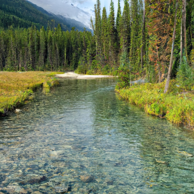 Un río atraviesa un bosque con montañas al fondo.