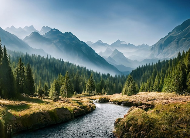 Un río atraviesa un bosque con montañas al fondo.