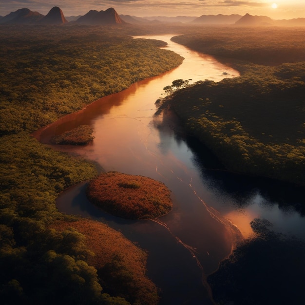 Un río atraviesa un bosque con una puesta de sol en el fondo.