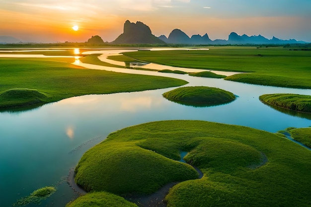 Un río atraviesa un campo de arroz con una puesta de sol de fondo.