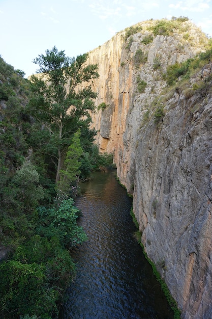 Un río atraviesa un cañón con una pared de roca en primer plano.