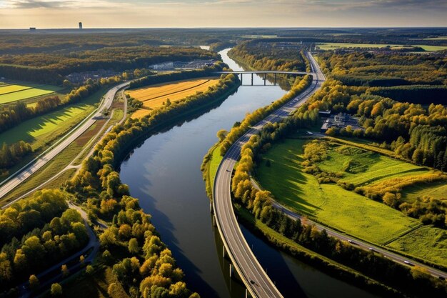 Foto un río atraviesa una ciudad con un puente en el fondo