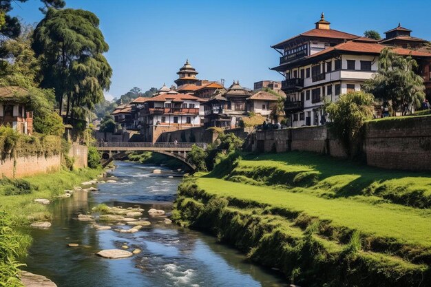 Foto un río atraviesa una ciudad con un puente en el fondo