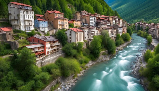 un río atraviesa una ciudad con un río que fluye a través de ella