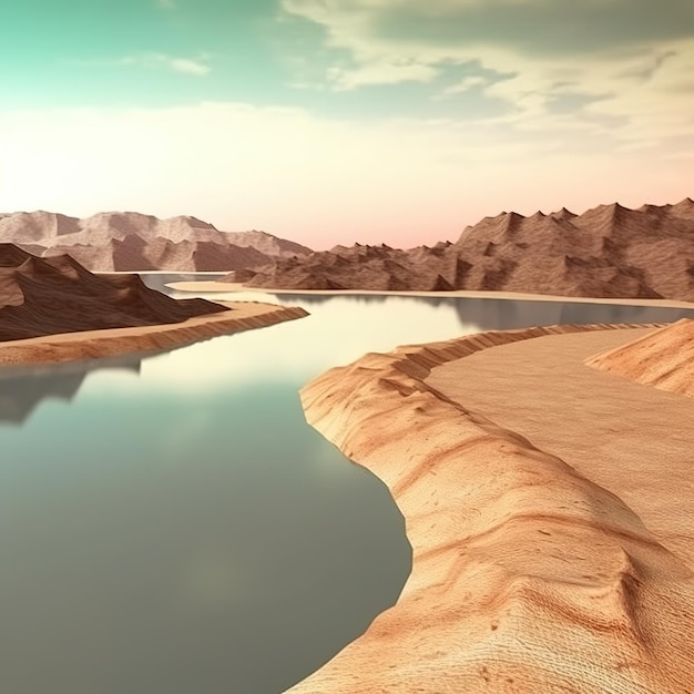 Un río atraviesa un desierto con montañas al fondo.