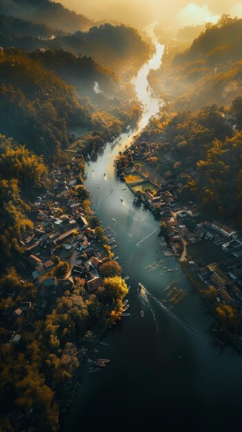 Foto un río atraviesa un pueblo