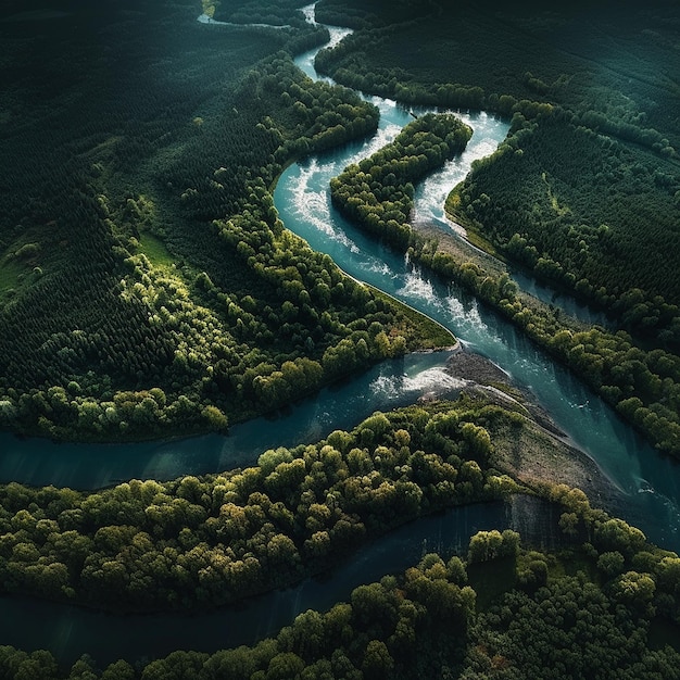 Un río atraviesa un valle con árboles y montañas al fondo.
