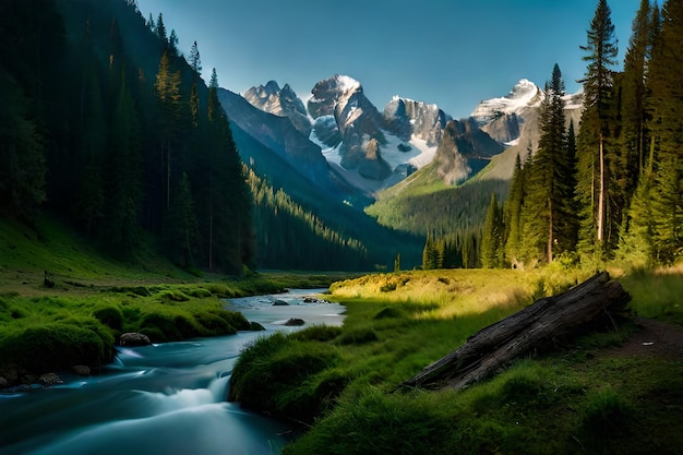 Un río atraviesa un valle con una montaña al fondo.