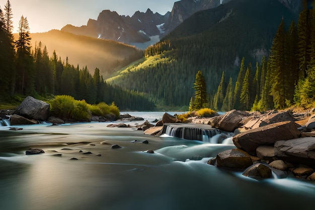 un río atraviesa un valle de montaña con una cascada al fondo.